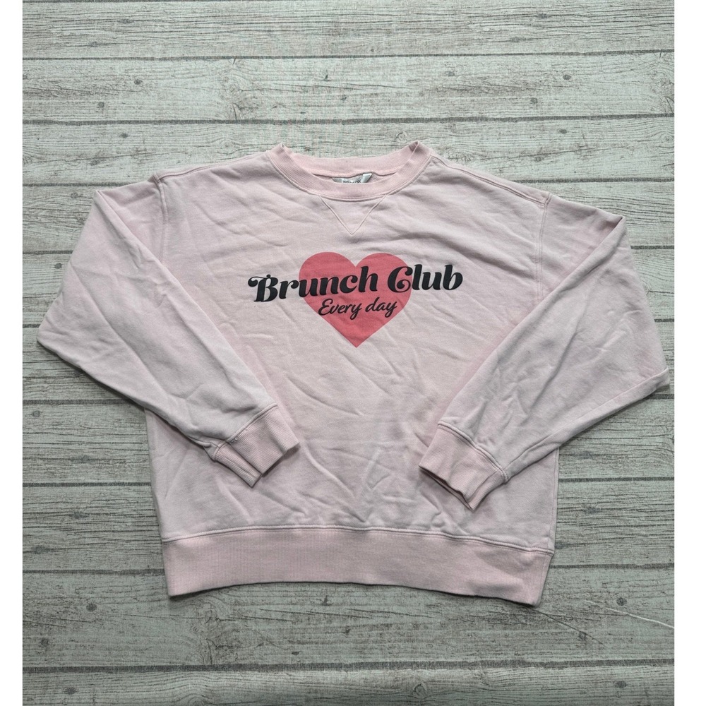 Wildfox Brunch Club Sweatshirt Womens Small Pink Heart Graphic Boxy Fit Pullover